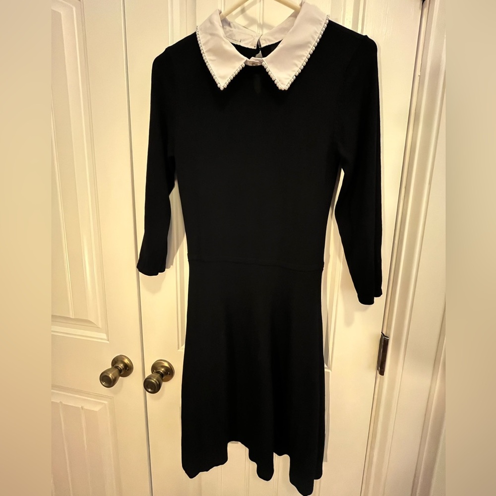BCX Black “Wednesday Addams” Dress with Pearl Detail White Collar